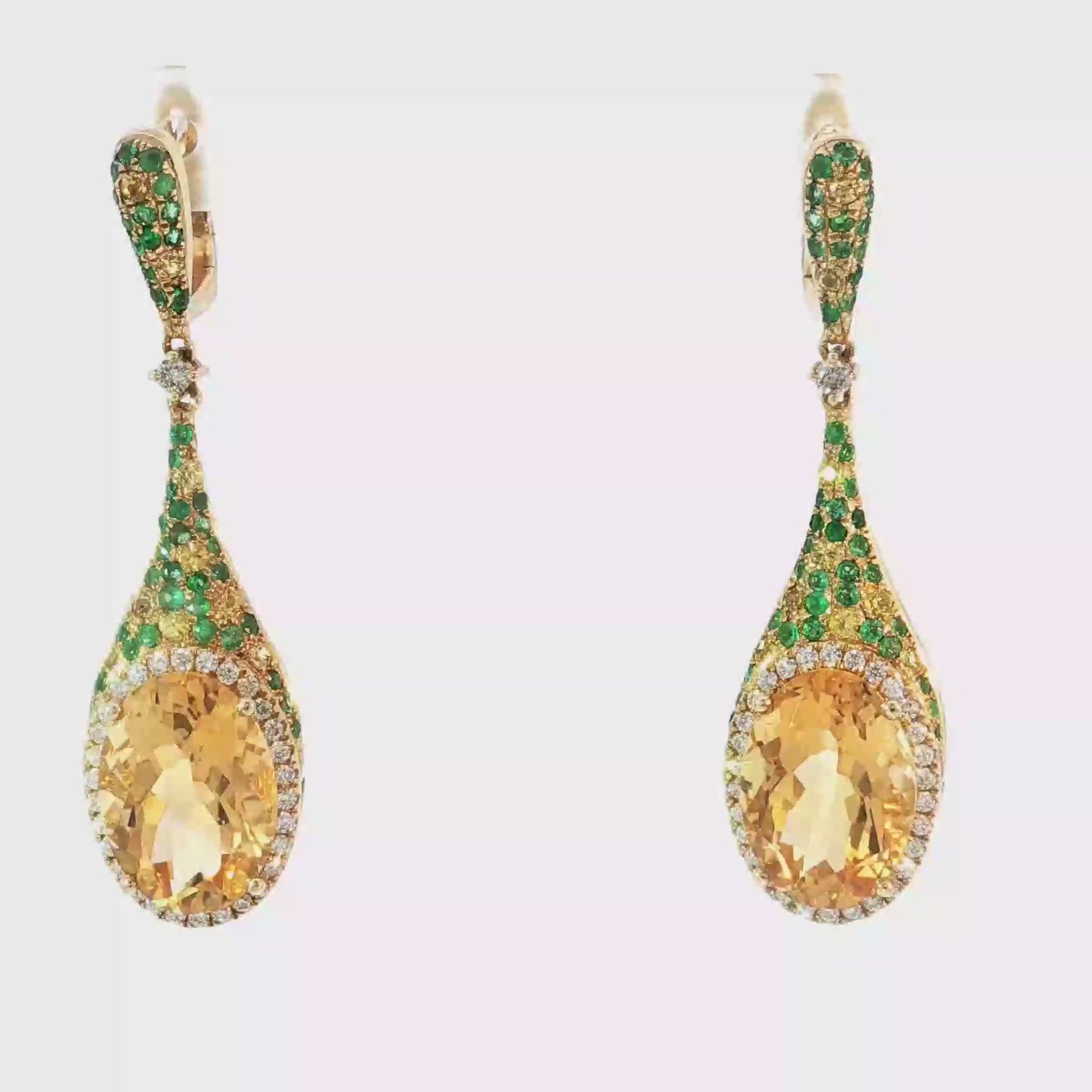 14K Oval Citrine and Emerald Pavé Diamond Drop Earrings in Yellow Gold