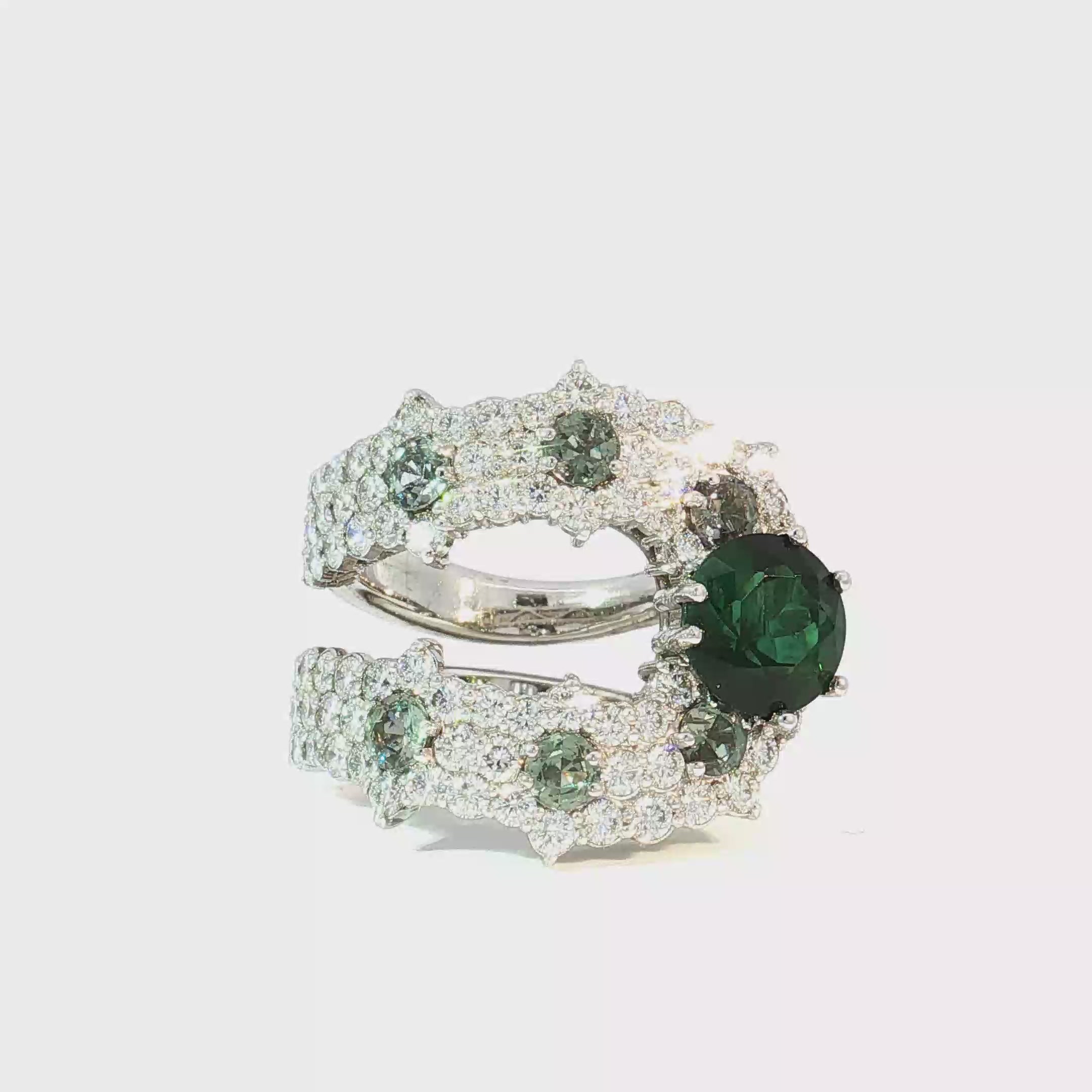 Scalloped Round Emerald and Diamond Bypass Cocktail Ring in White Gold