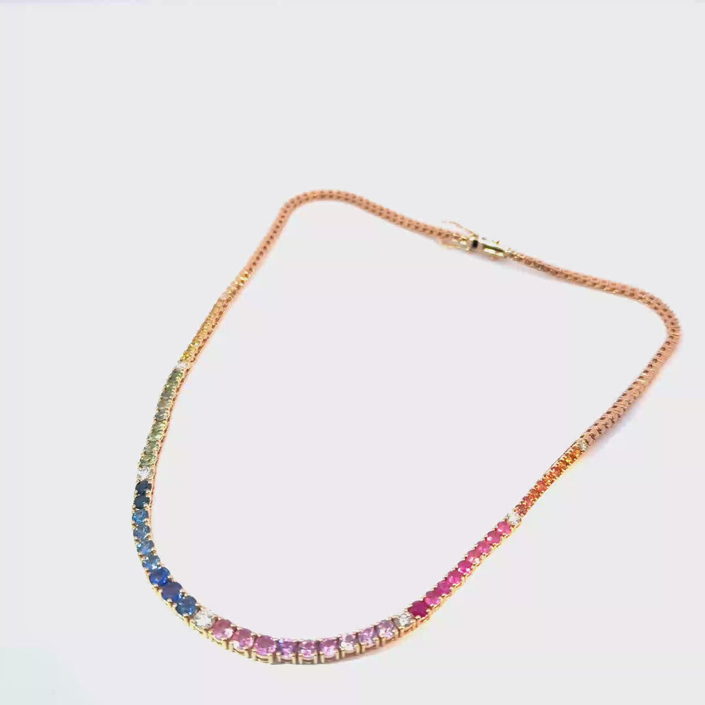 18K Rose Gold Diamond and Rainbow Sapphire Gold Necklace