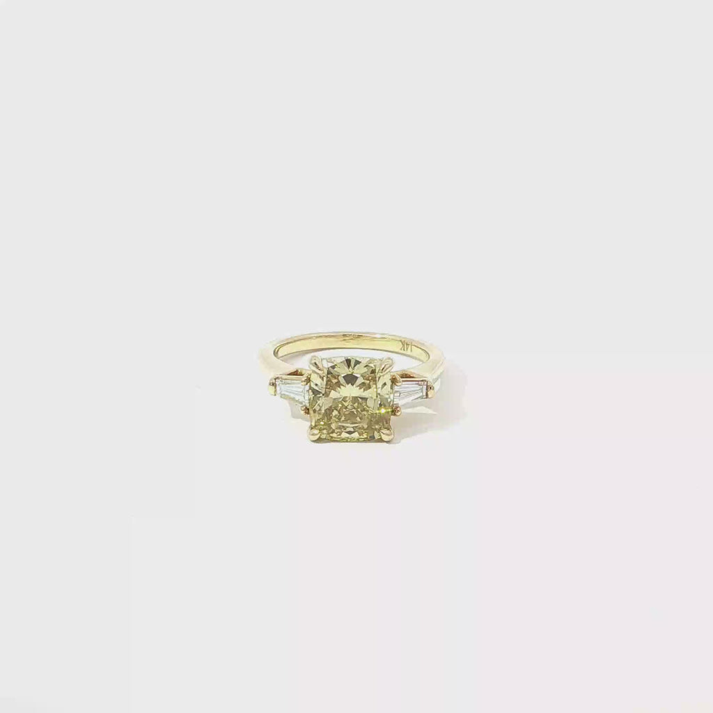 3 CT Fancy Yellow Cushion Lab Diamond Three-Stone Engagement Ring in Yellow Gold