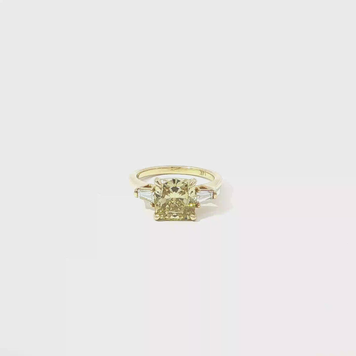 3 CT Fancy Yellow Cushion Lab Diamond Three-Stone Engagement Ring in Yellow Gold