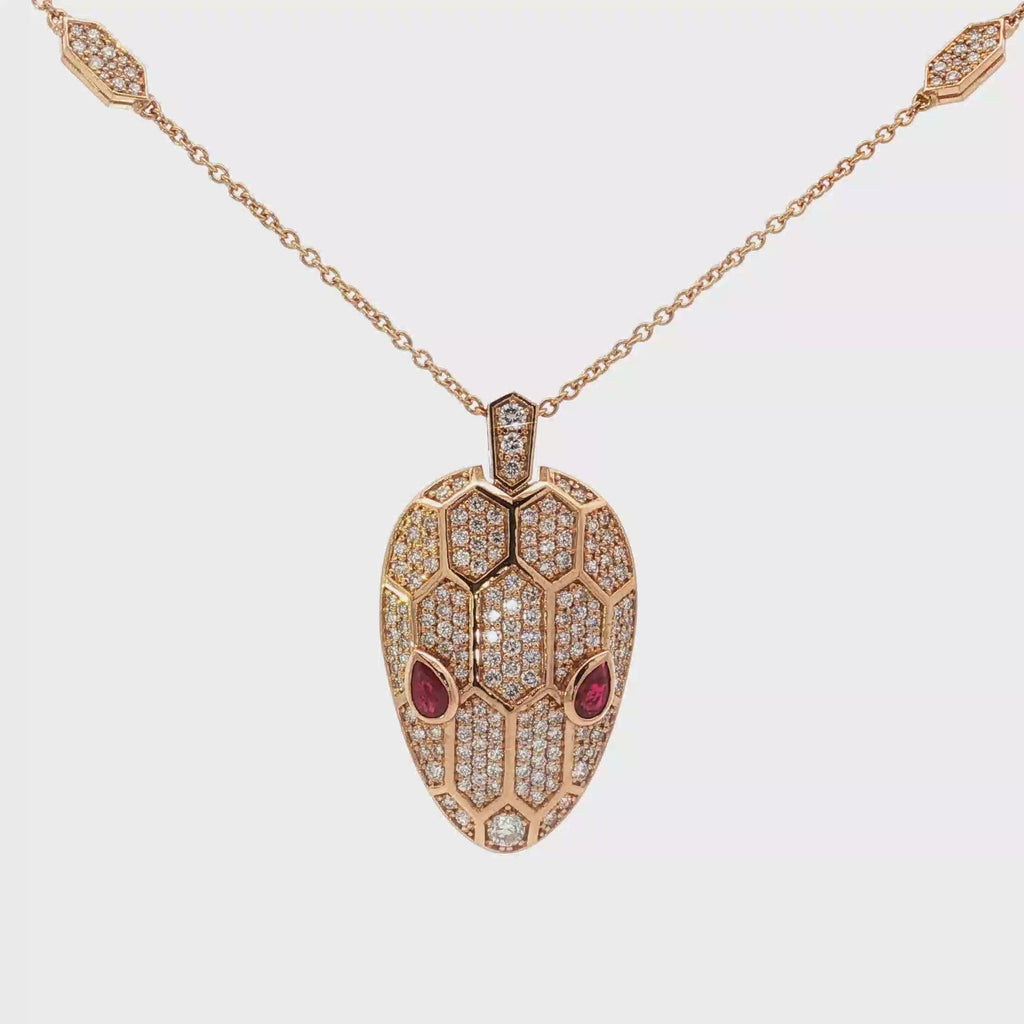 18K Rose Gold Snake Head Charm Necklace with Ruby Eyes