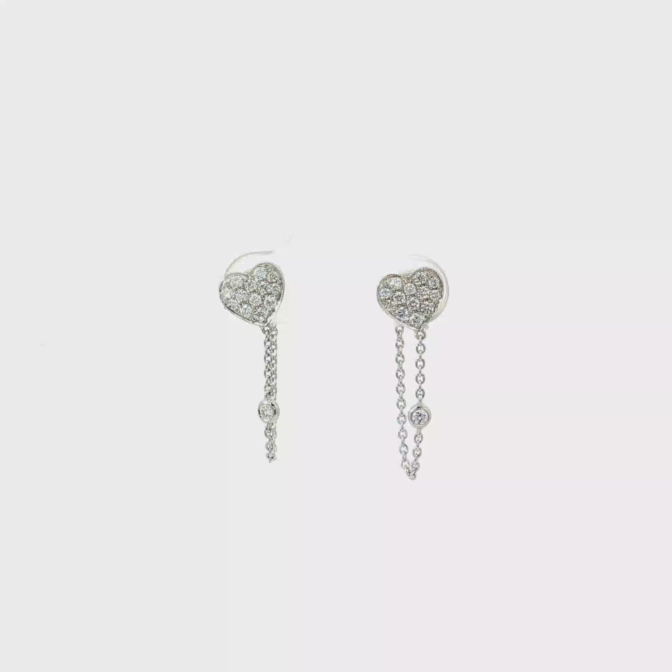 18K Diamond Pave Heart Chain Dangle Earrings in White Gold